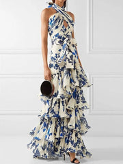 Derpai Elegantes langes Boho-Kleid mit Blumenprint Neckholder & Rüschen-Saum – für Urlaub & Ball