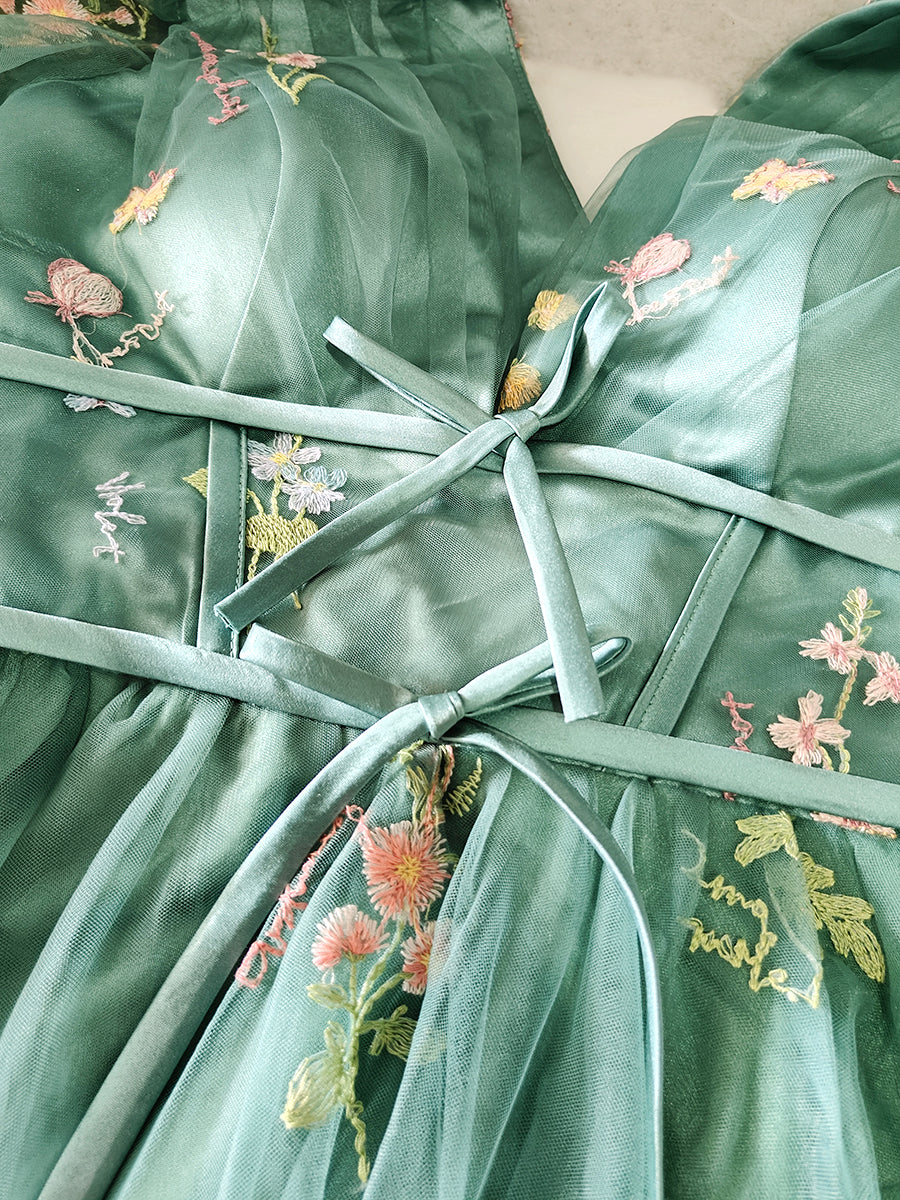 Derpai Maxi-Abendkleid im Bridgerton-Stil aus besticktem Tüll mit Puffärmeln Grün – für Hochzeit