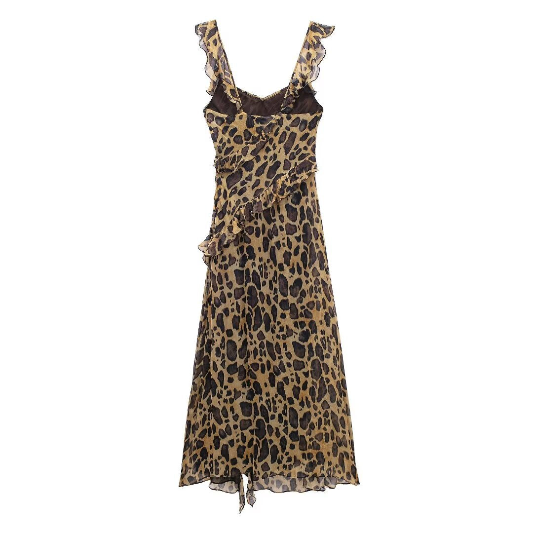 Derpai Langes Abendkleid mit Leopardenprint Rüschen und Schlitz modisch