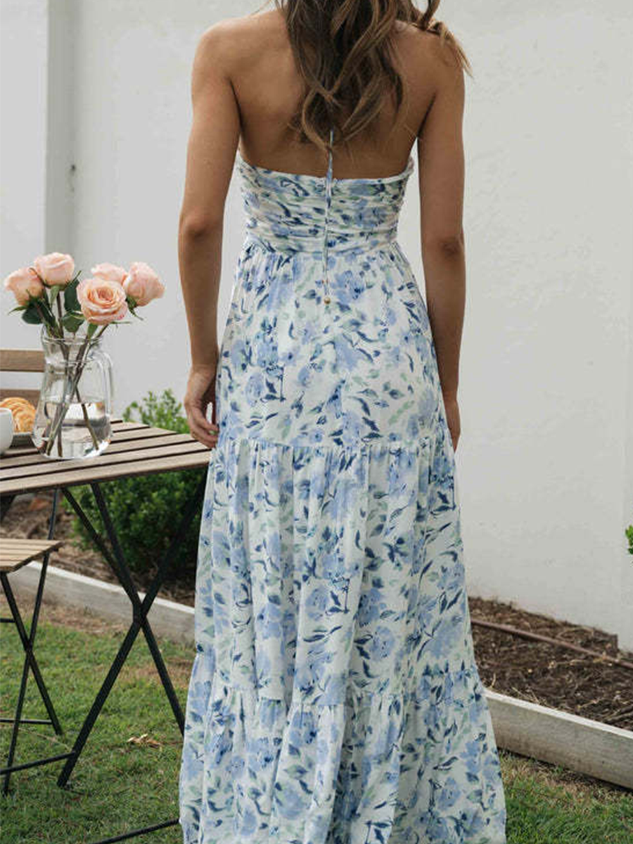 Derpai Langes Kleid aus Chiffon mit Blumenmuster Neckholder Rückenfrei Urlaub