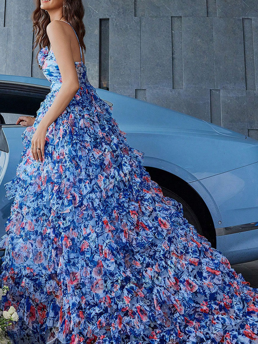Derpai Langes Chiffonkleid mit Blumenprint und Rückenausschnitt Blau – für Hochzeit