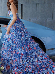 Derpai Langes Chiffonkleid mit Blumenprint und Rückenausschnitt Blau – für Hochzeit
