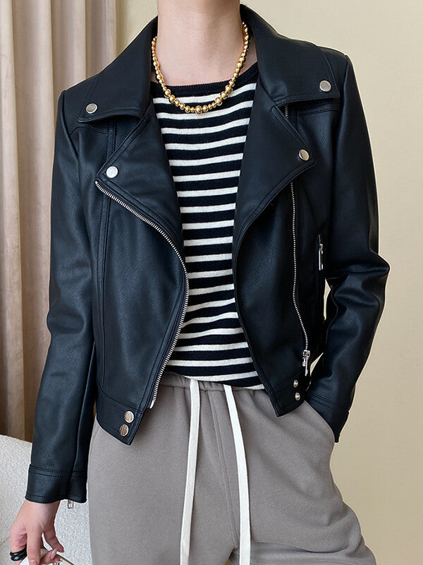 Derpai Kurze PU-Lederjacke mit Taschen – modischer Damenstil