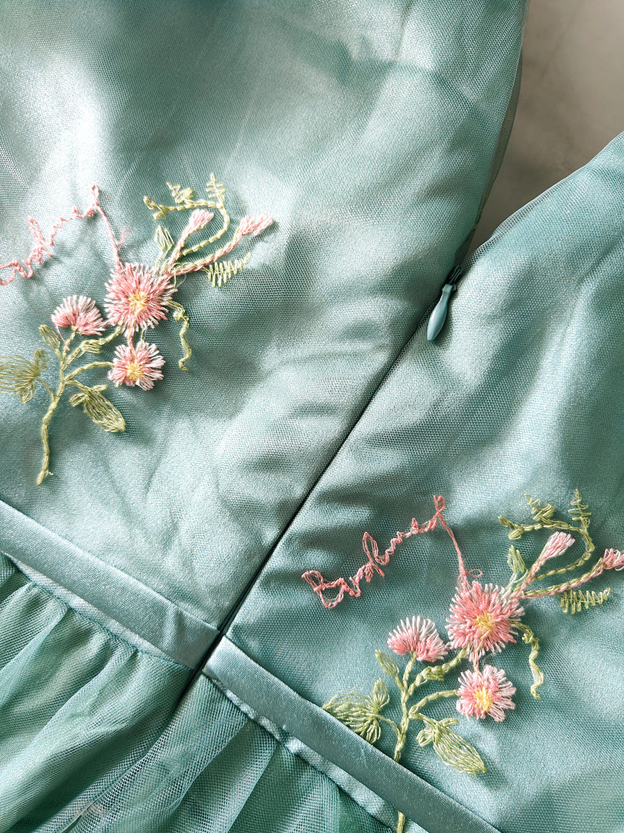 Derpai Maxi-Abendkleid im Bridgerton-Stil aus besticktem Tüll mit Puffärmeln Grün – für Hochzeit