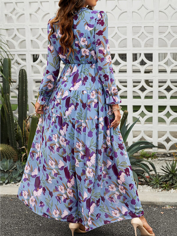 Derpai Langes Kleid aus Chiffon mit Blumenmuster langen Ärmeln & V-Ausschnitt – elegant