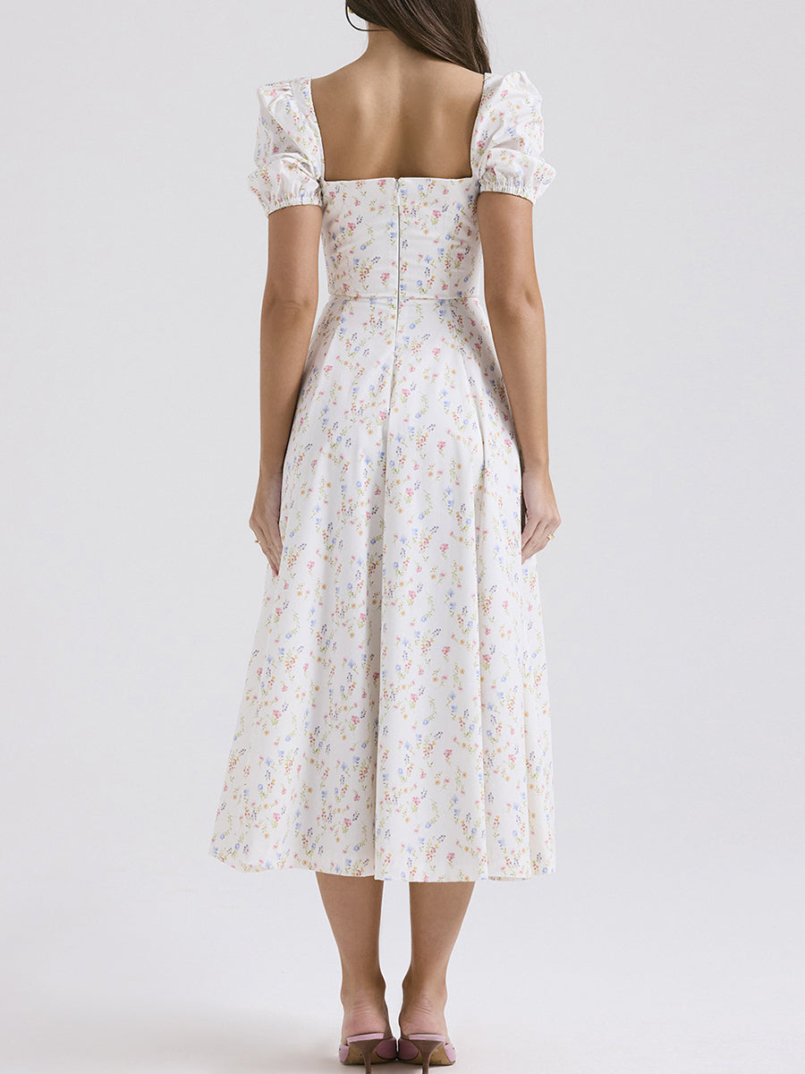 Derpai Weißes langes Abendkleid mit Blumenprint eckigem Ausschnitt und Puffärmeln – für Hochzeit