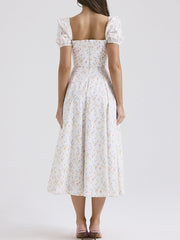 Derpai Weißes langes Abendkleid mit Blumenprint eckigem Ausschnitt und Puffärmeln – für Hochzeit