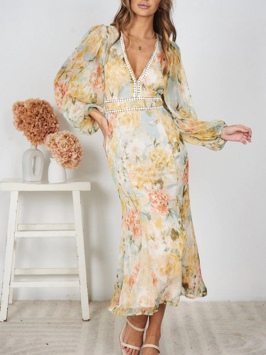 Derpai Chiffonkleid mit Blumenprint Schlitz V-Ausschnitt lange Ärmel elegant