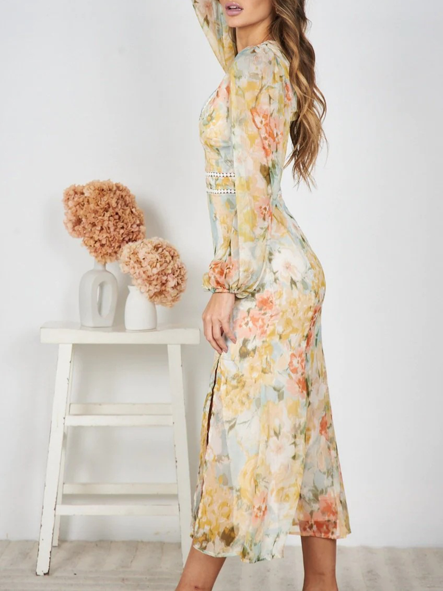 Derpai Chiffonkleid mit Blumenprint Schlitz V-Ausschnitt lange Ärmel elegant