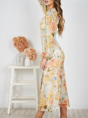 Derpai Chiffonkleid mit Blumenprint Schlitz V-Ausschnitt lange Ärmel elegant