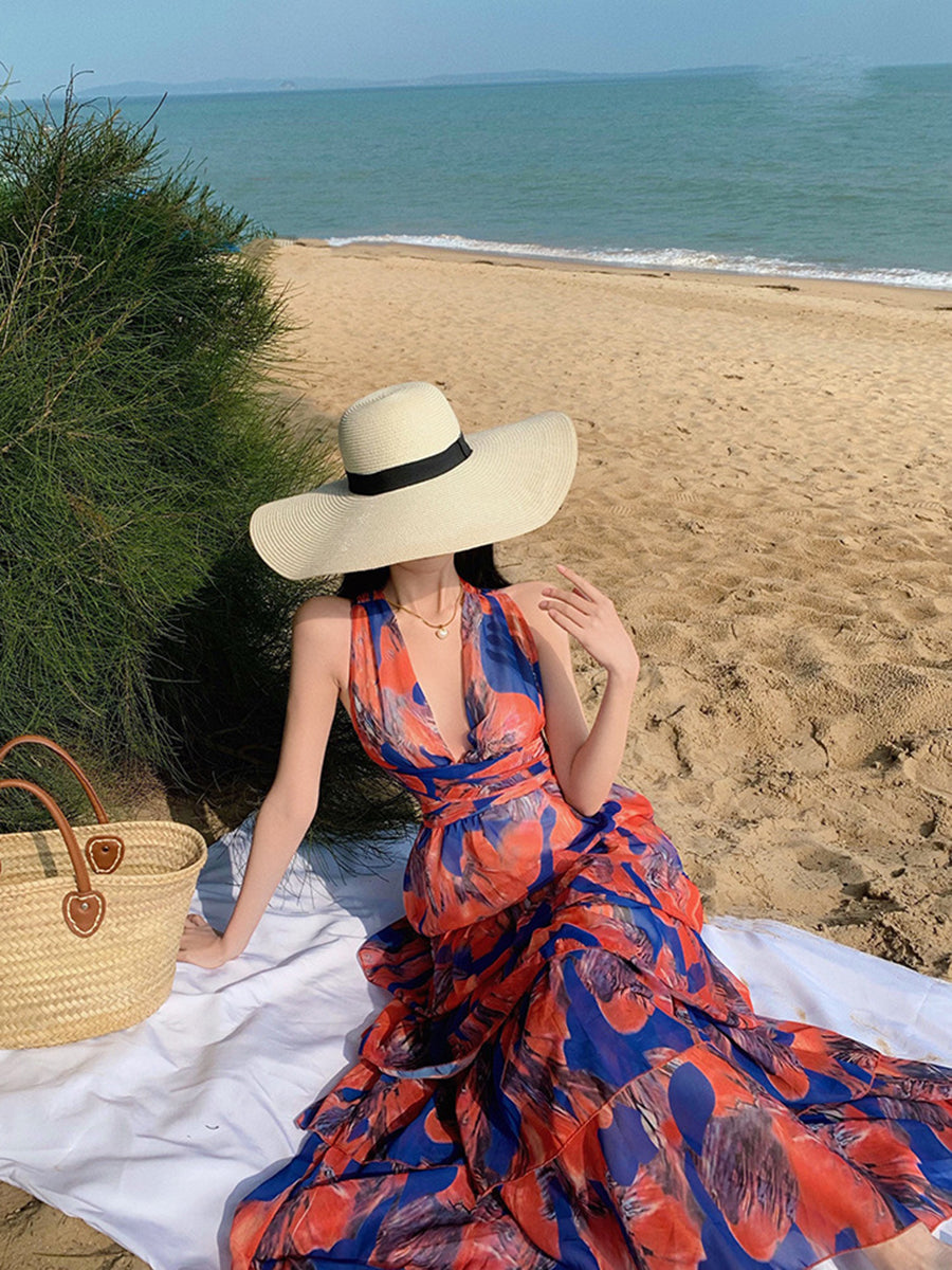 Derpai Langes Neckholder-Kleid mit Rüschen und Rückenausschnitt Orange