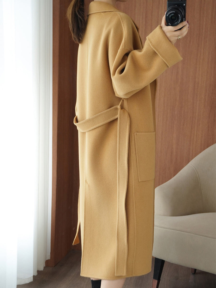 Derpai Langer Wollmantel mit Taschen und Gürtel Damen