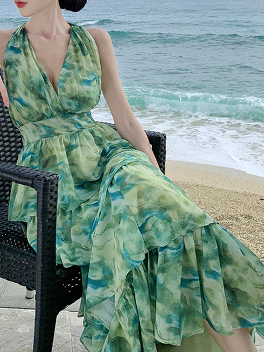 Derpai Langes Neckholder-Kleid mit Rüschen und Rückenausschnitt Grün