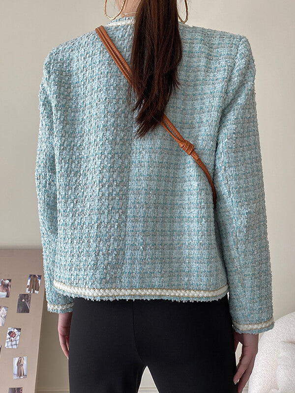 Derpai Kurze Tweedjacke mit Knopfleiste und Taschen Damen elegant Blau