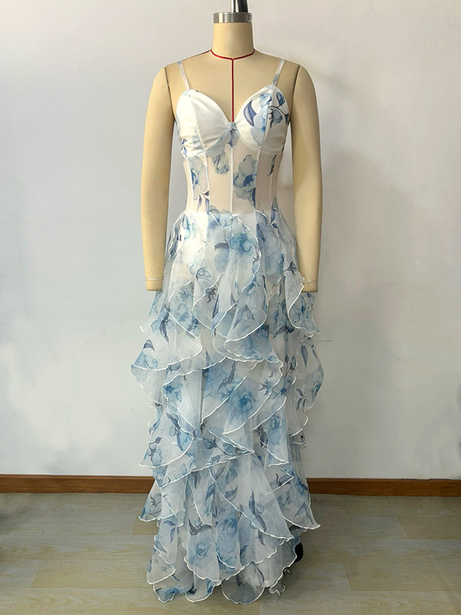 Derpai Maxi-Abendkleid aus Tüll mit Volants und Schlitz Blau – für Hochzeit