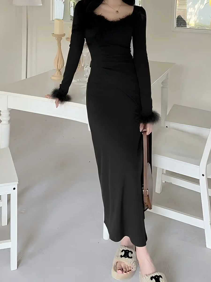 Derpai Elegantes Slim-Kleid mit V-Ausschnitt und langen Ärmeln