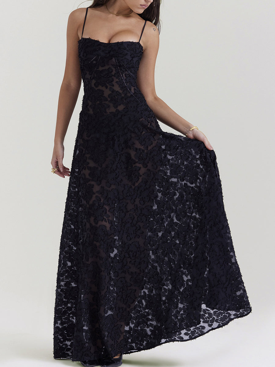 Derpai Elegantes langes Abendkleid mit Jacquardmuster und feinen Trägern – für Hochzeit