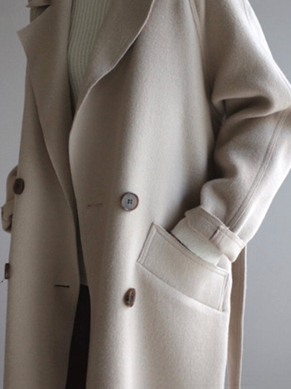 Derpai Eleganter langer Wollmantel mit doppelter Knopfleiste Gürtel und Taschen Damen
