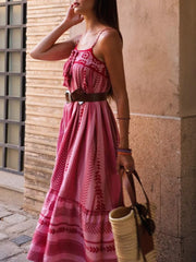Derpai Rosa gestreiftes langes Trägerkleid im Boho-Stil mit Rückenausschnitt – Urlaub & Alltag