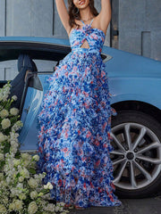 Derpai Langes Chiffonkleid mit Blumenprint und Rückenausschnitt Blau – für Hochzeit