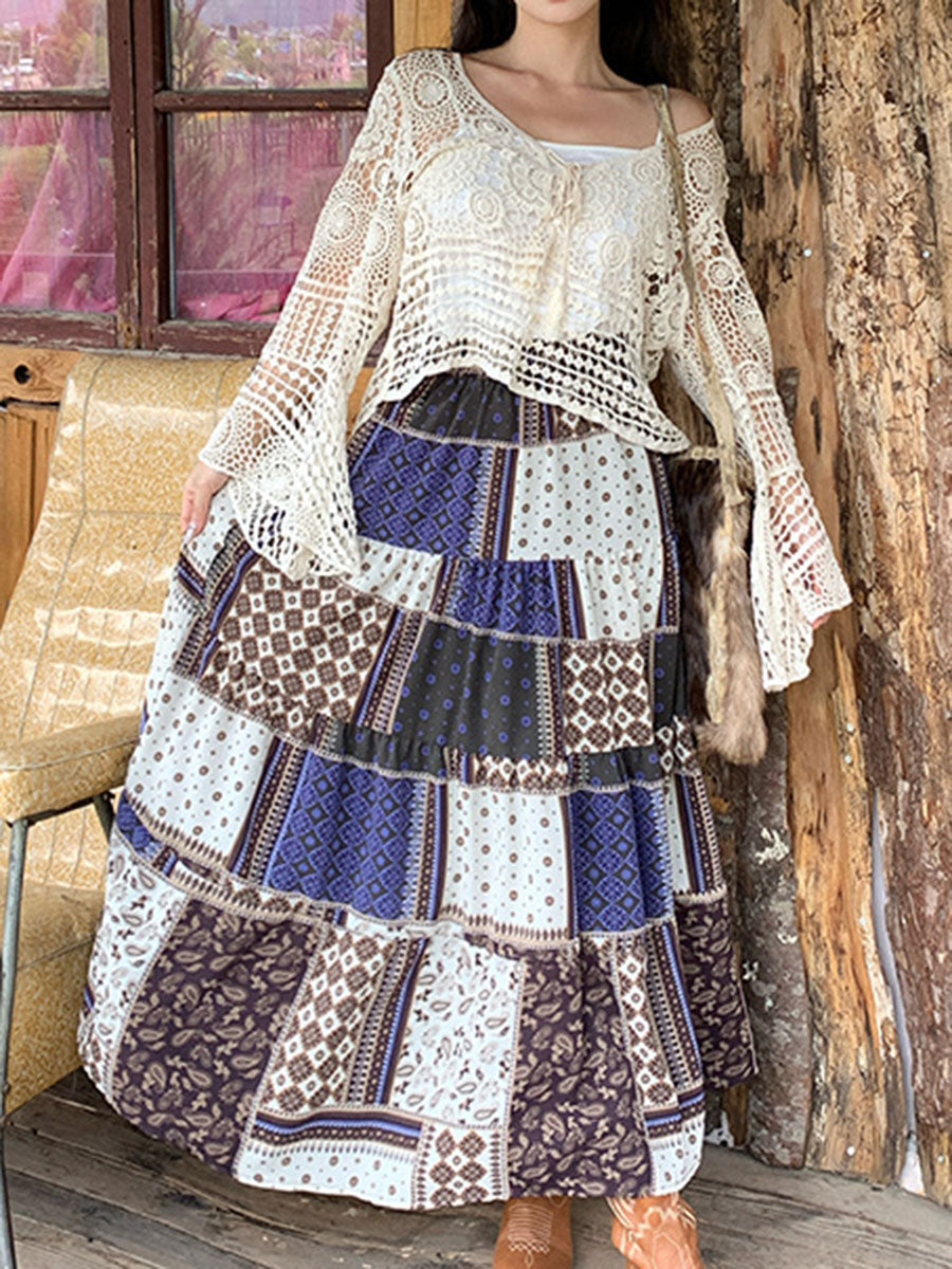Derpai Langer geblümter Maxirock im Ethno-Stil Violett Damen Boho