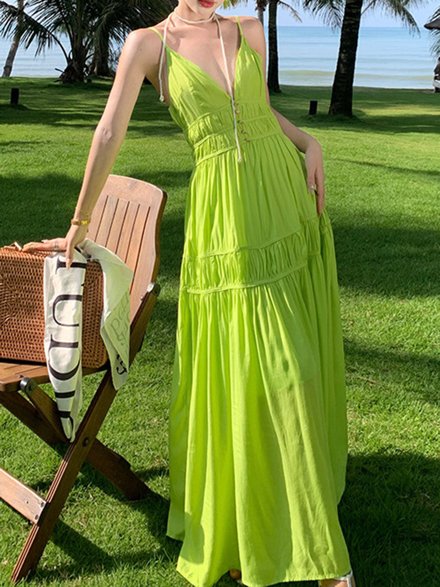Derpai Grünes langes Maxikleid mit feinen Trägern – für Hochzeit & Strand
