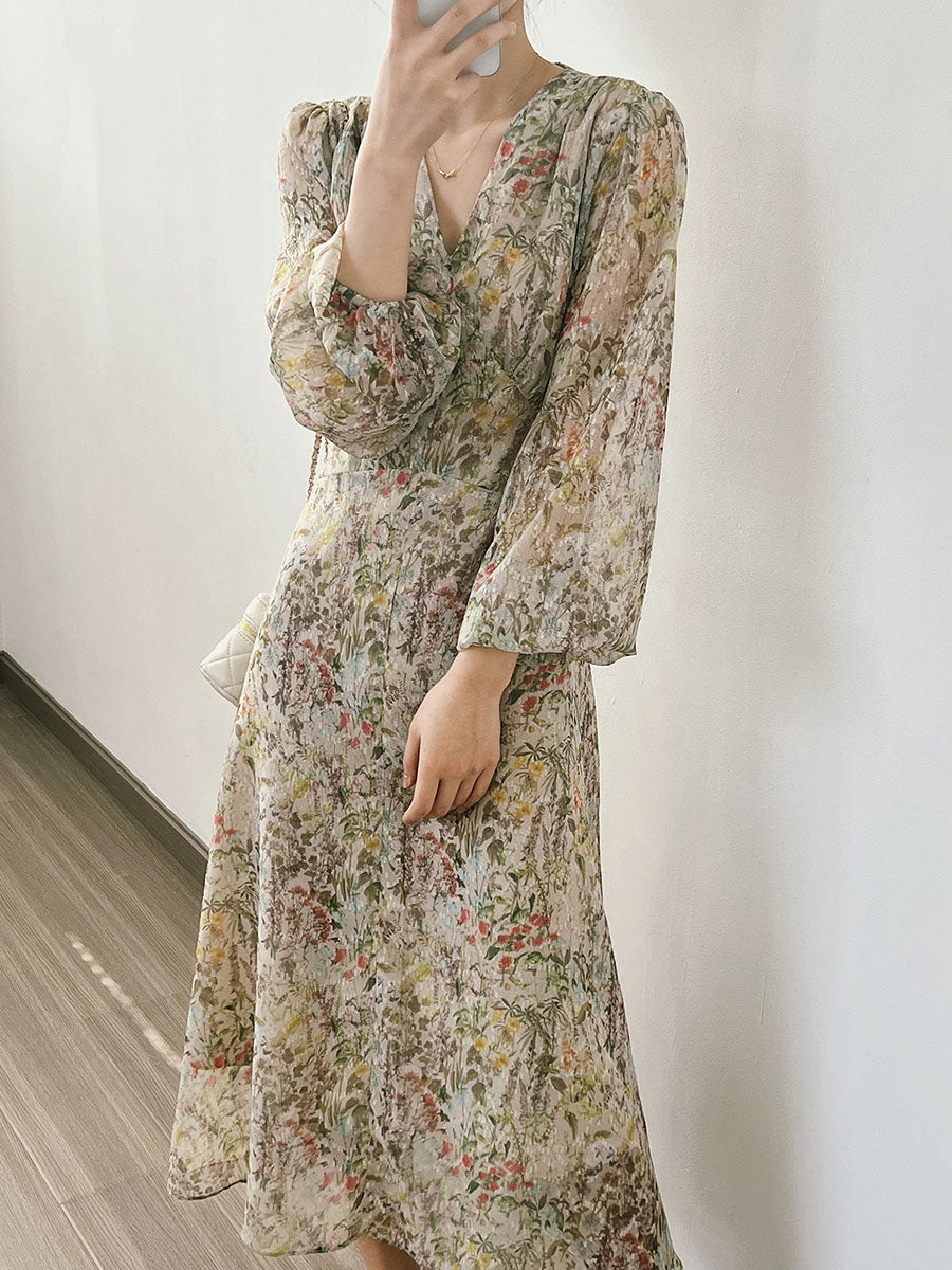 Derpai Elegantes langes Kleid mit Blumenprint Puffärmeln & V-Ausschnitt – für Urlaub