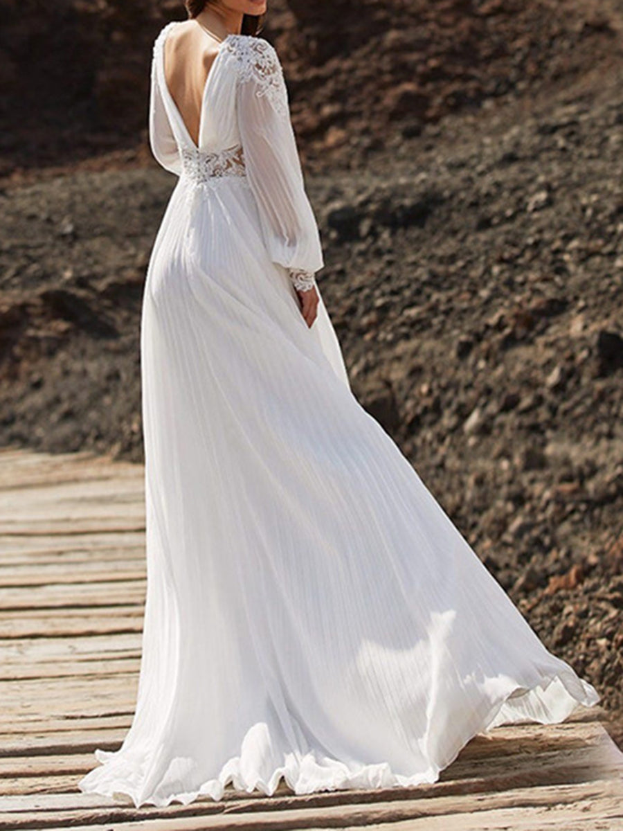 Derpai Prinzessinnen-Brautkleid aus Chiffon V-Ausschnitt Rückenfrei Boho-Stil