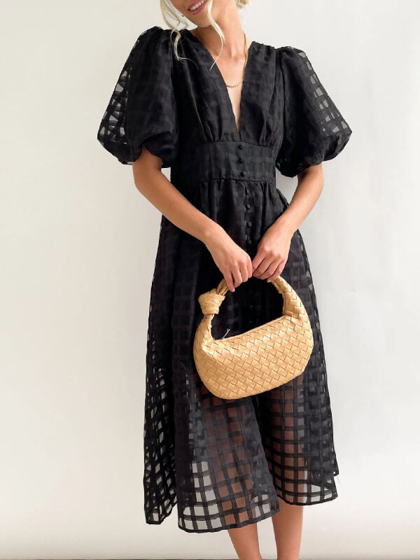 Derpai Midikleid mit Karomuster V-Ausschnitt & Puffärmeln