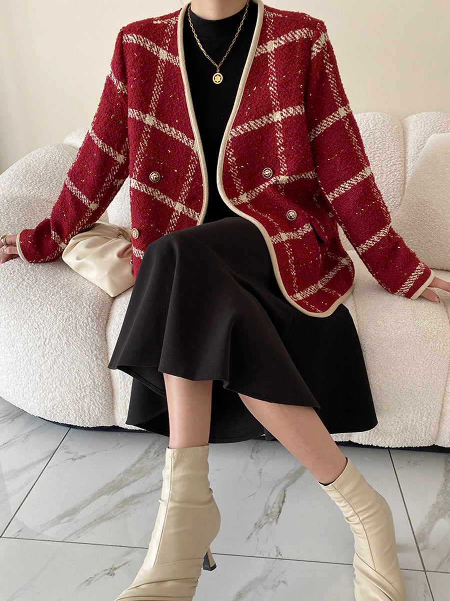 Derpai Tweedjacke mit Steppfutter Karomuster doppelreihige Knopfleiste Damen