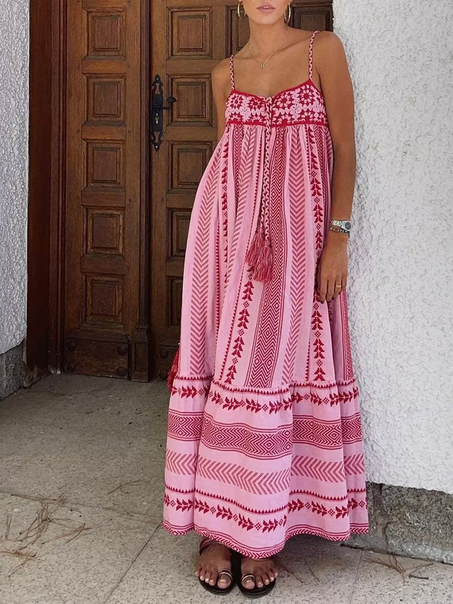 Derpai Rosa gestreiftes langes Trägerkleid im Boho-Stil mit Rückenausschnitt – Urlaub & Alltag