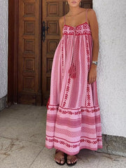 Derpai Rosa gestreiftes langes Trägerkleid im Boho-Stil mit Rückenausschnitt – Urlaub & Alltag