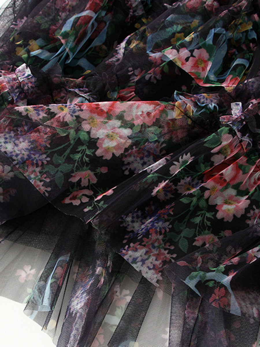 Derpai Langer Tüllrock mit Blumenprint Damen