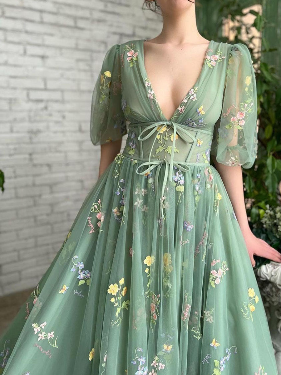 Derpai Maxi-Abendkleid im Bridgerton-Stil aus besticktem Tüll mit Puffärmeln Grün – für Hochzeit