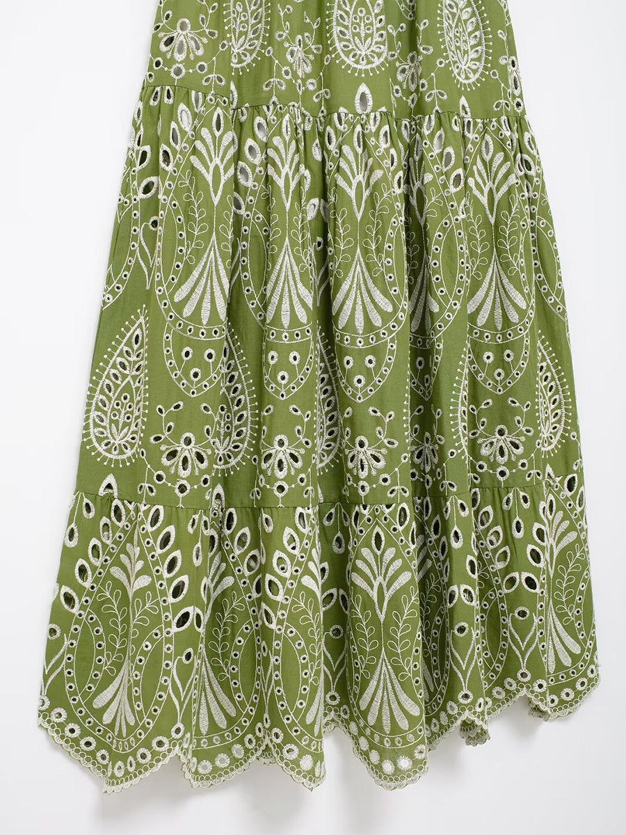 Derpai Langes Abendkleid mit Paisley-Stickerei Grün ärmellos feine Träger – für Ball & Strand