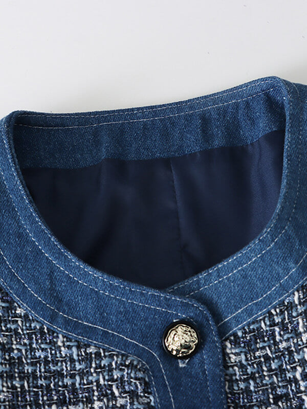 Derpai Mini-Tweedkleid aus Denim mit Rundhalsausschnitt & Taschen – für Abschlussball