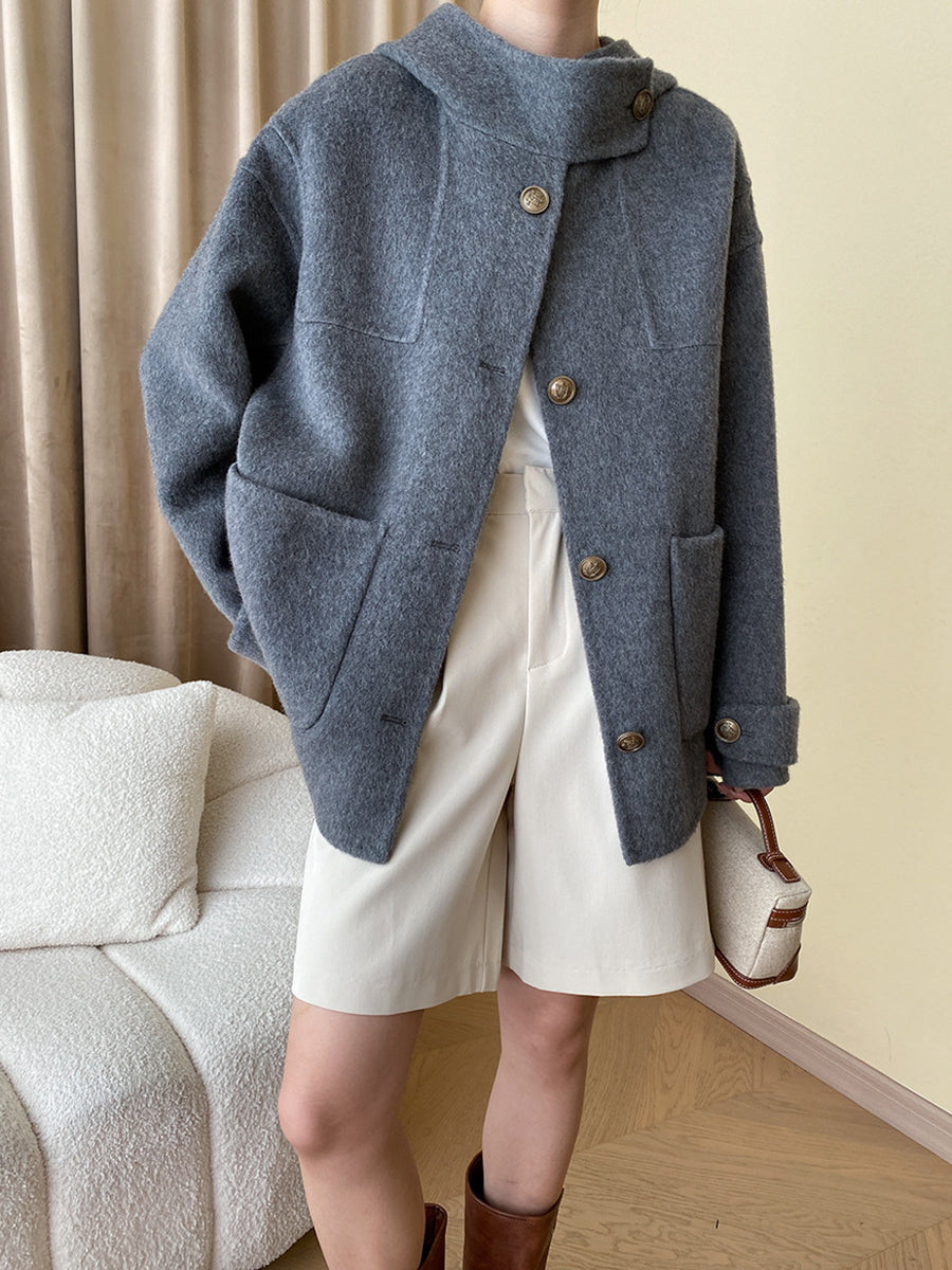 Derpai Damen-Cape aus Wolle mit Taschen Knopfleiste und Kapuze