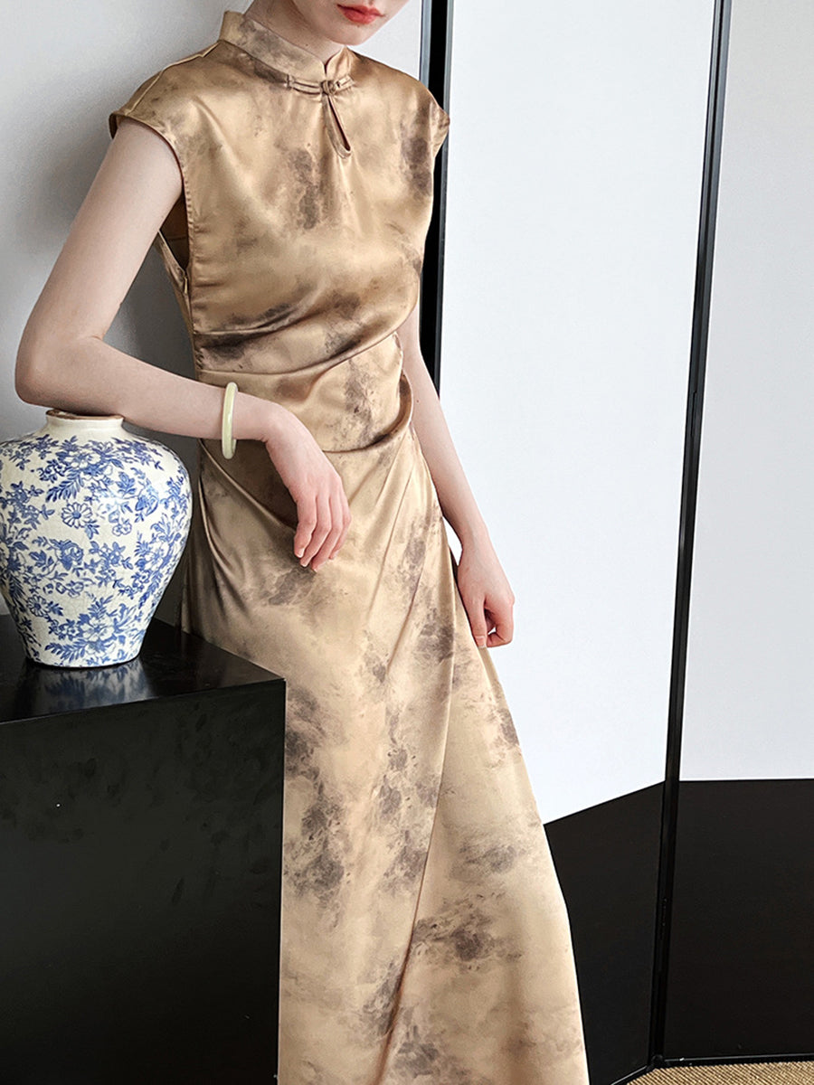 Derpai Elegantes ärmelloses Qipao-Cheongsam aus goldenem Satin
