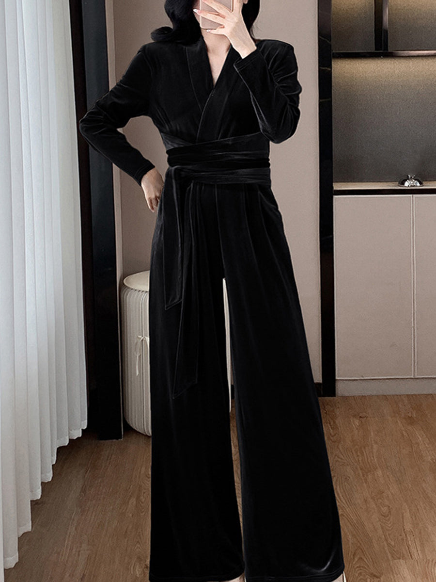 Derpai Samt-Strappy-Jumpsuit mit V-Ausschnitt und langen Ärmeln elegant Damen