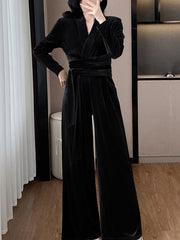 Derpai Samt-Strappy-Jumpsuit mit V-Ausschnitt und langen Ärmeln elegant Damen