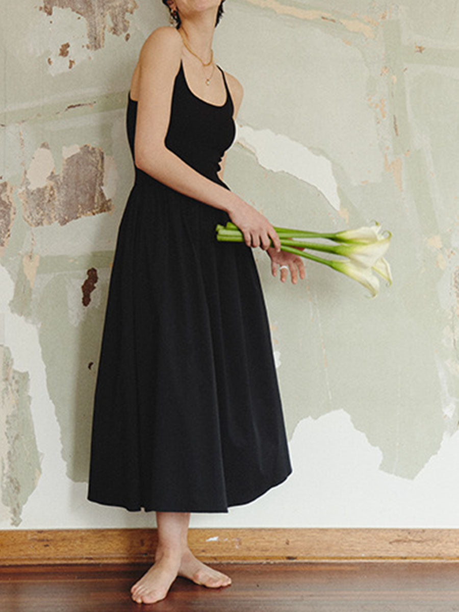 Derpai Schwarzes Trapez-Abendkleid mit feinen Trägern lang