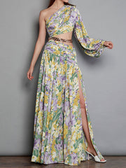 Derpai Langes Maxikleid mit Blumenprint & One-Shoulder-Träger