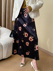 Derpai Langer Samtrock im Vintage-Stil mit Blumenprint