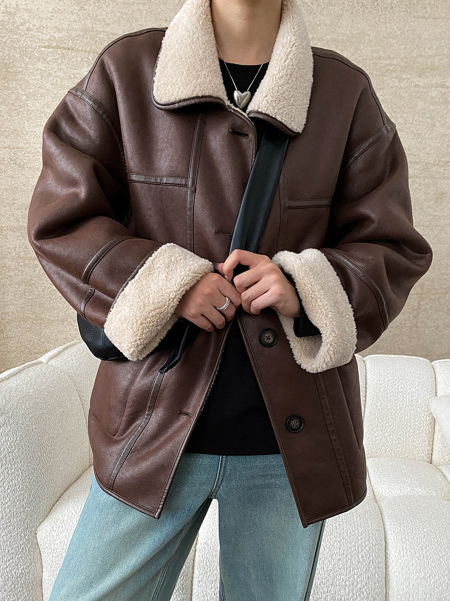 Derpai Fliegerjacke aus Kunstleder wendbar Knopfleiste Damen