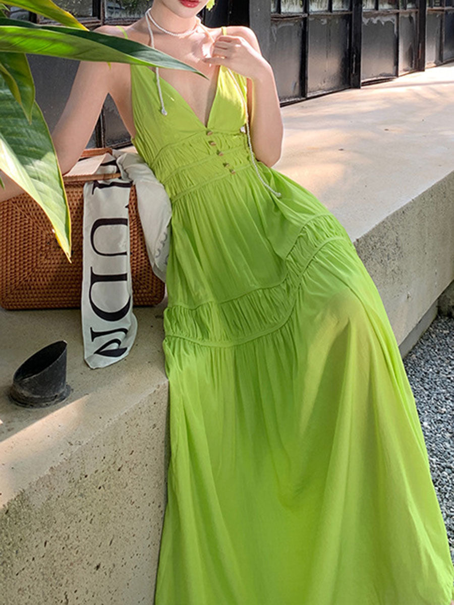 Derpai Grünes langes Maxikleid mit feinen Trägern – für Hochzeit & Strand