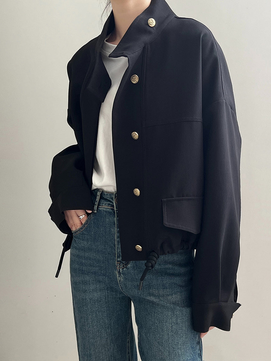 Derpai Kurze Jacke mit Tunnelzug Knopfleiste Taillierung und Stehkragen modisch Damen
