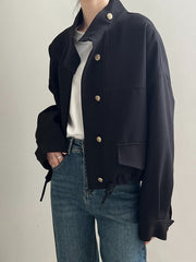 Derpai Kurze Jacke mit Tunnelzug Knopfleiste Taillierung und Stehkragen modisch Damen