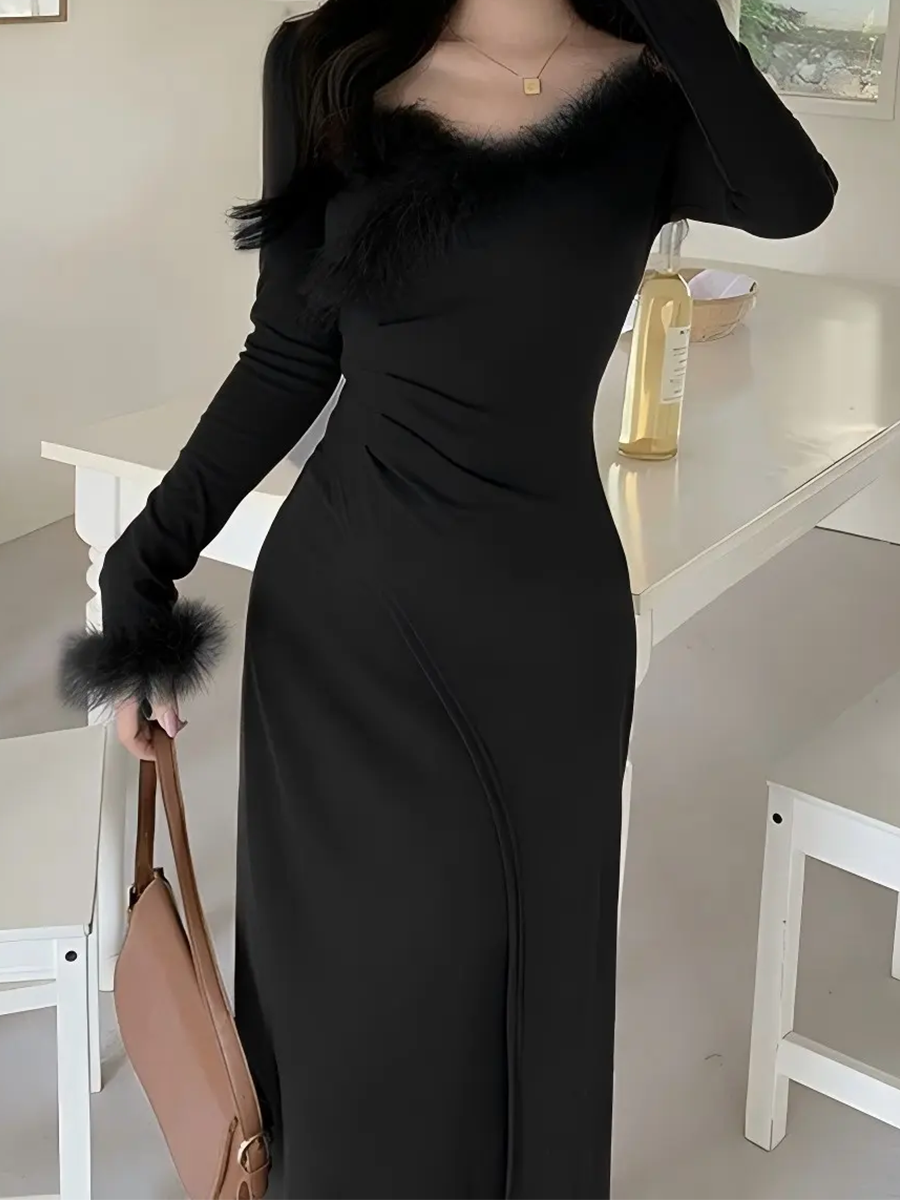 Derpai Elegantes Slim-Kleid mit V-Ausschnitt und langen Ärmeln