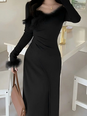 Derpai Elegantes Slim-Kleid mit V-Ausschnitt und langen Ärmeln