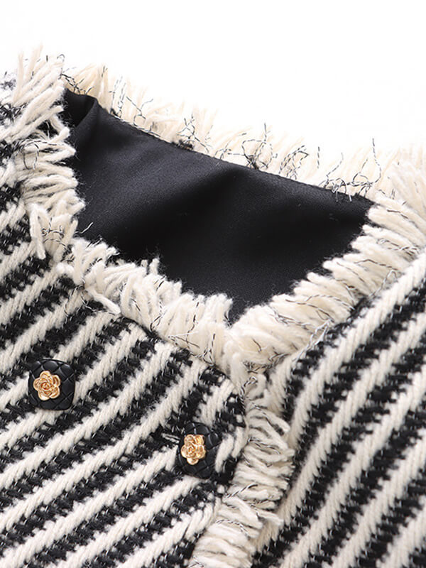 Derpai Kurze Tweedjacke mit Fransen Streifen und Taschen Damen elegant